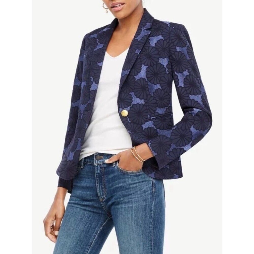 Ann Taylor The Newbury Blazer Navy Floral Jacquard Gold Button Jacket Sz 4